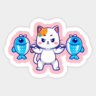 Cute Cat Lifting Fish Barbell Cartoon Sticker